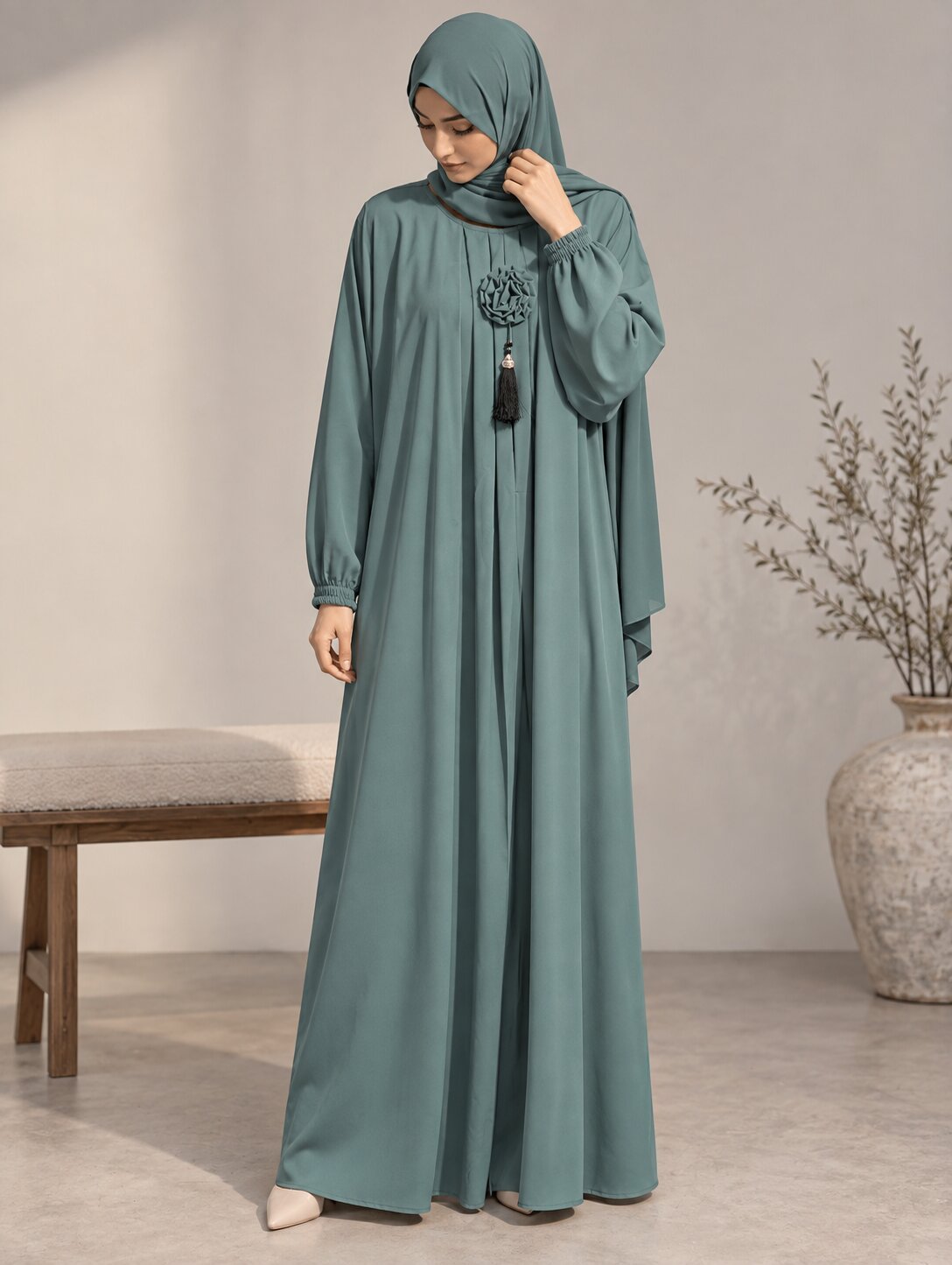 AYLA – Classic Pleated Nida Abaya (Mint Sage)