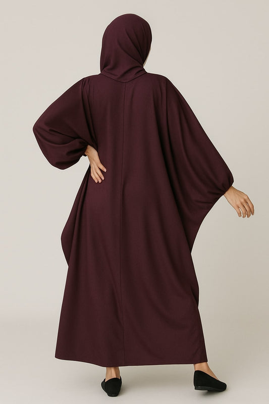 Velvet Haze – Burgundy Flutter Abaya