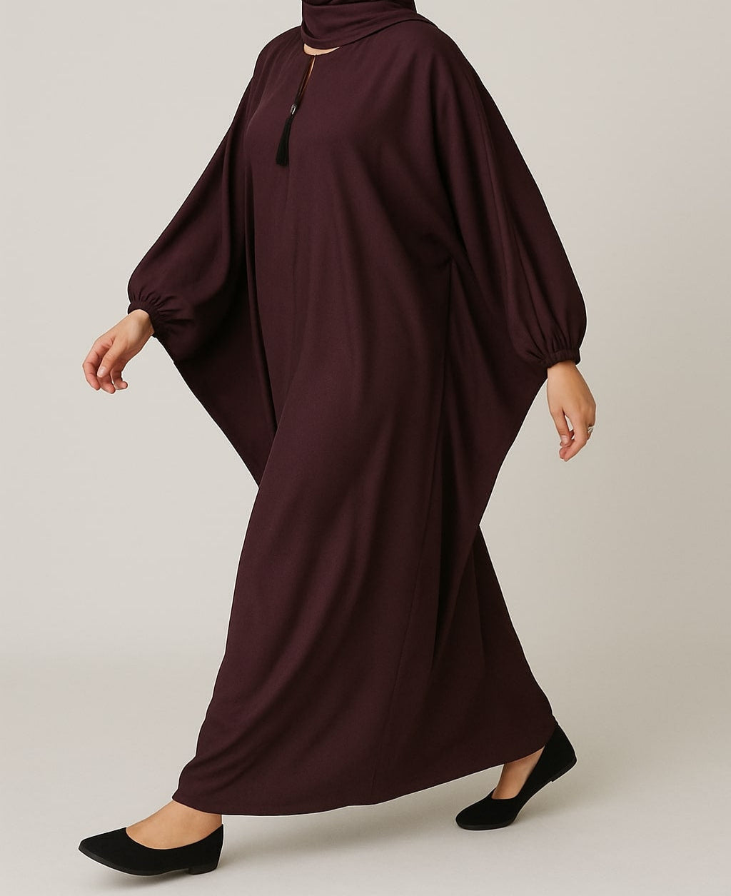 Velvet Haze – Burgundy Flutter Abaya Hicab