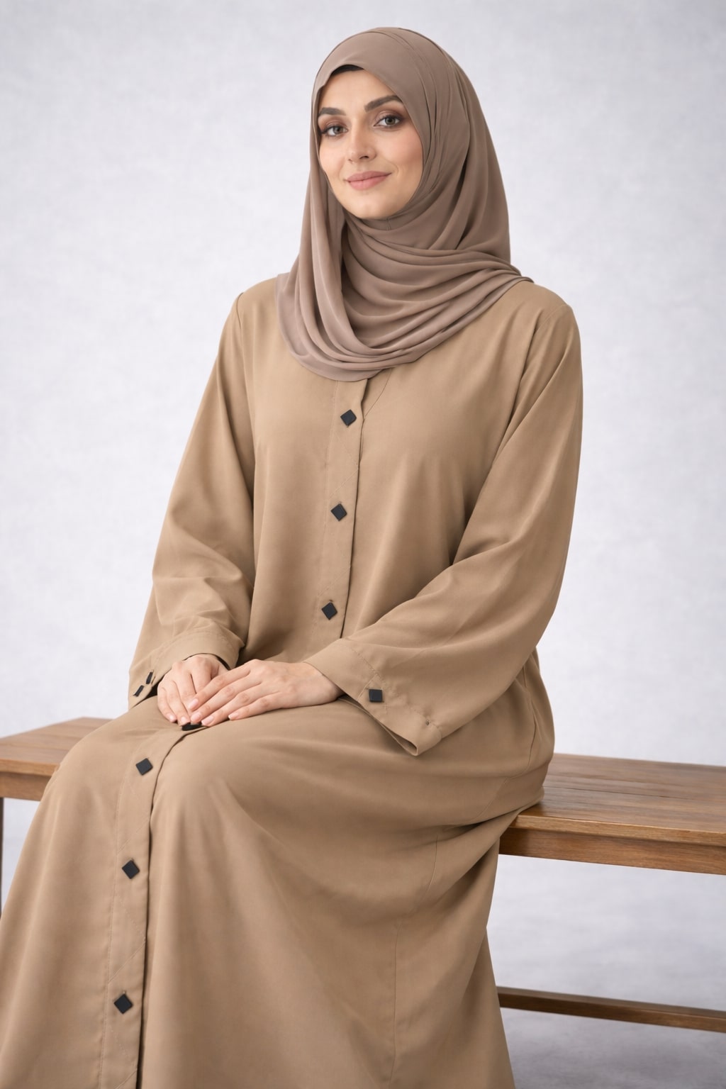 ELARA – Diamond Button Nida Abaya (Soft Caramel)