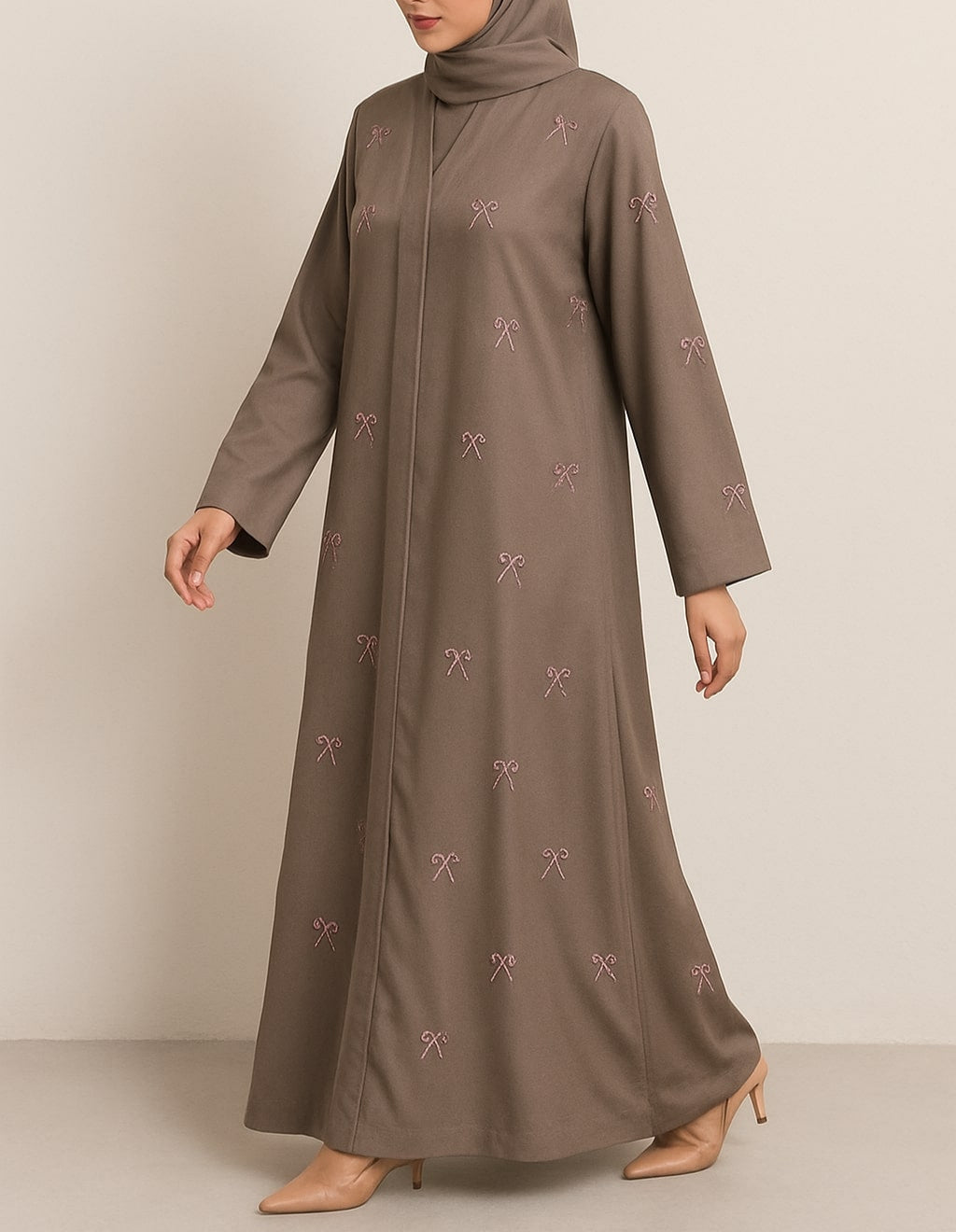 Blush Whisper - Taupe Bow Embroidered Abaya