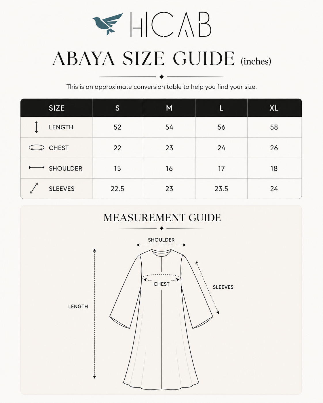 Hicab Abaya Size Guide