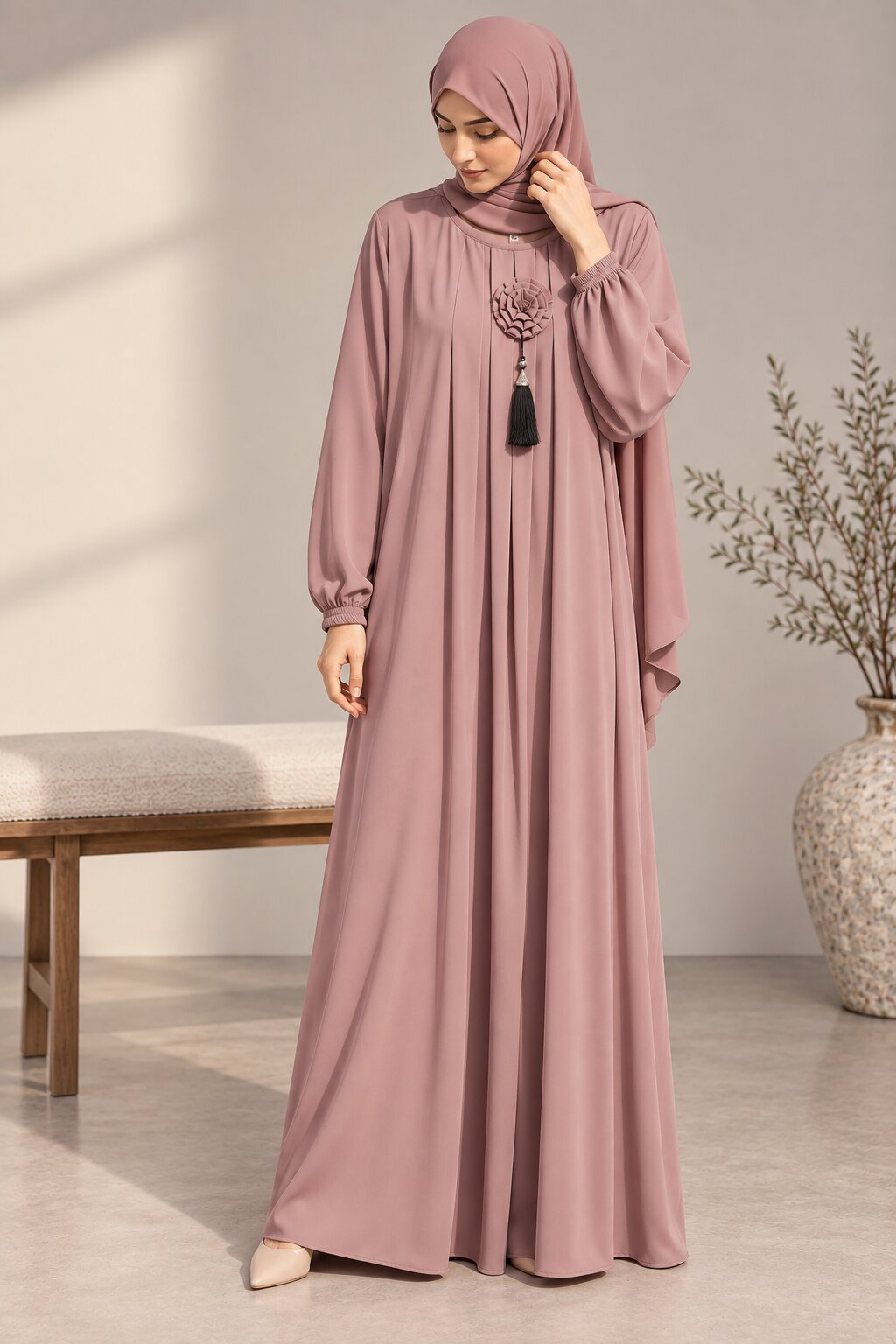 LUNARA – Pleated-Accent Nida Abaya (Dusty Rose)