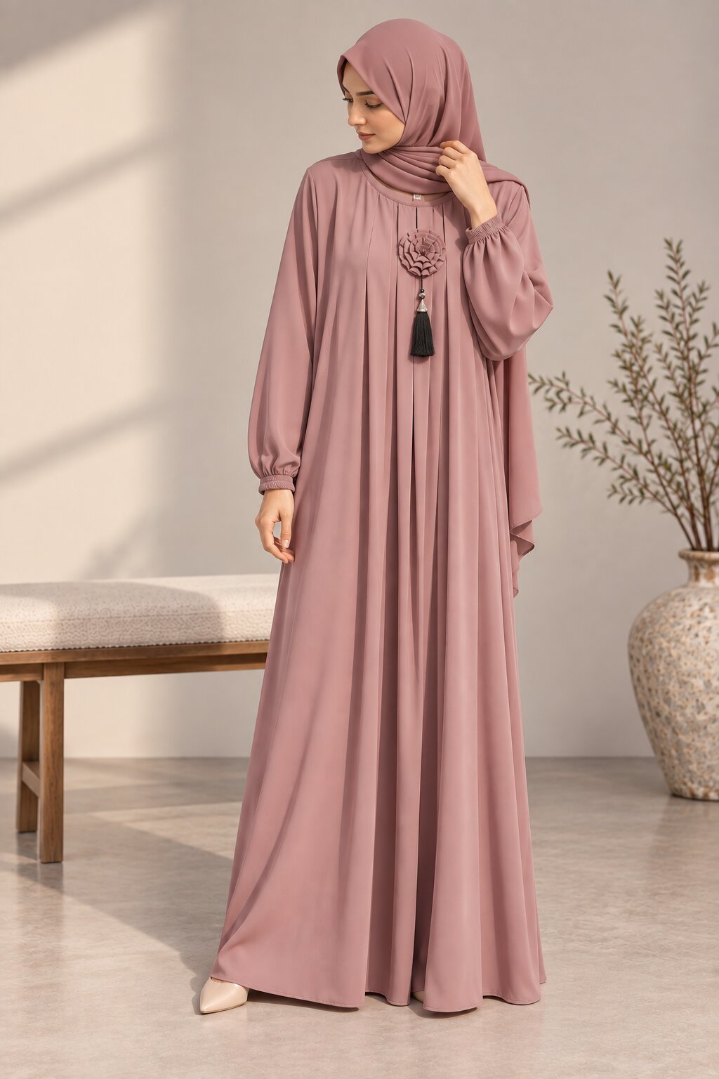 LUNARA – Pleated-Accent Nida Abaya (Dusty Rose)