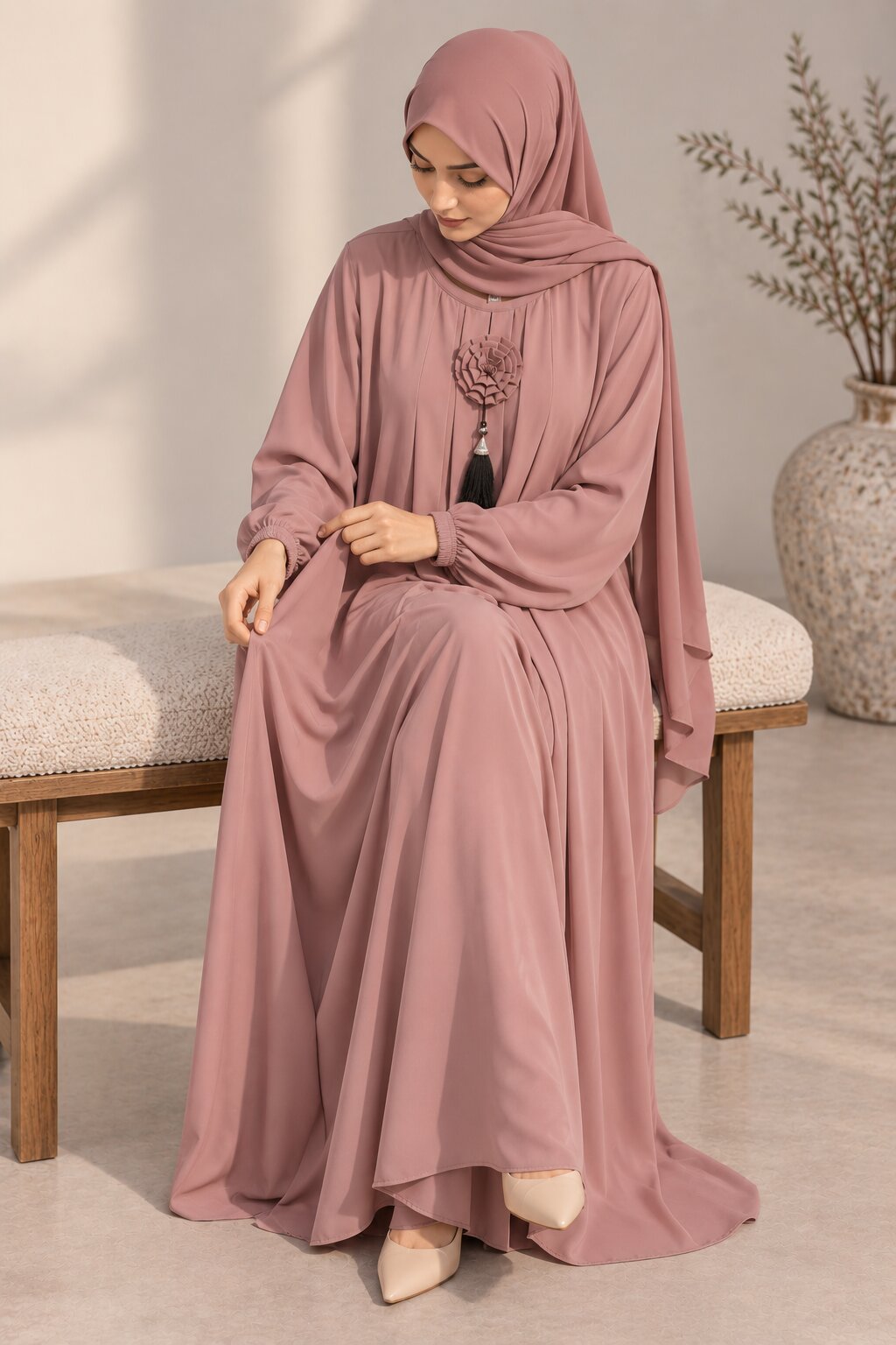 LUNARA – Pleated-Accent Nida Abaya (Dusty Rose)