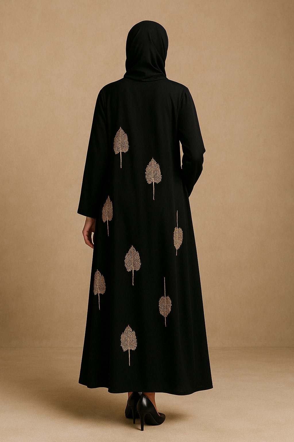Noir Gleam – Black Abaya with Golden Leaf Embroidery Hicab