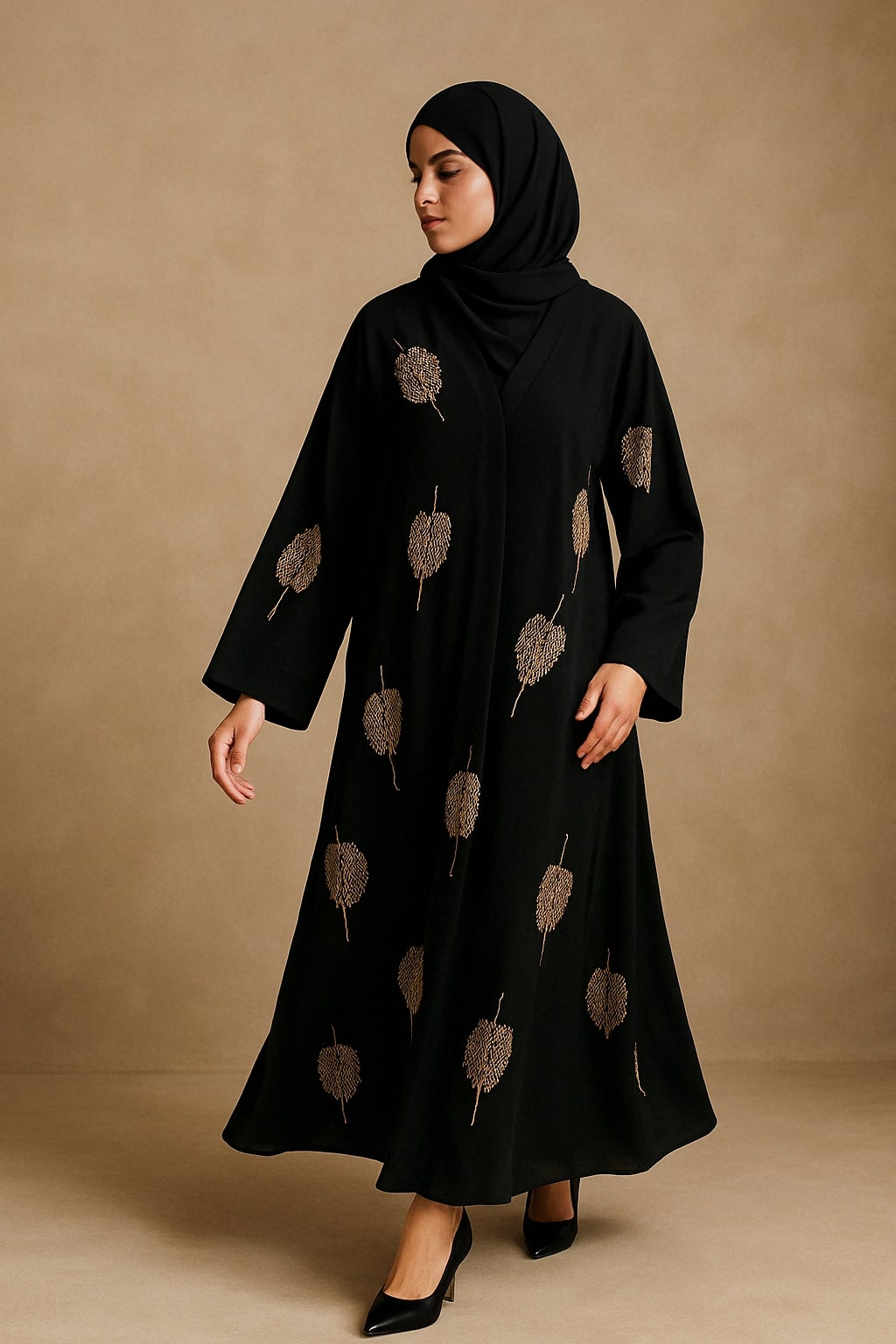 Noir Gleam – Black Abaya with Golden Leaf Embroidery Hicab