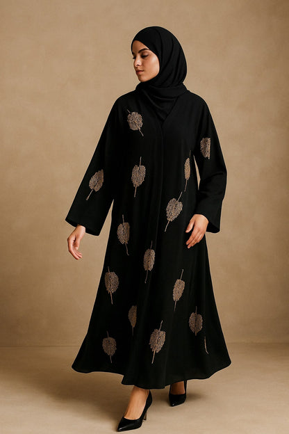 Noir Gleam – Black Abaya with Golden Leaf Embroidery Hicab