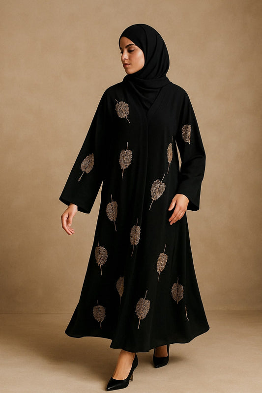 Noir Gleam – Black Abaya with Golden Leaf Embroidery Hicab