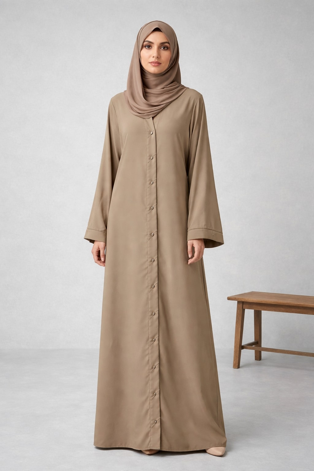 SAFIRA – Buttoned Nida Abaya (Warm Taupe)