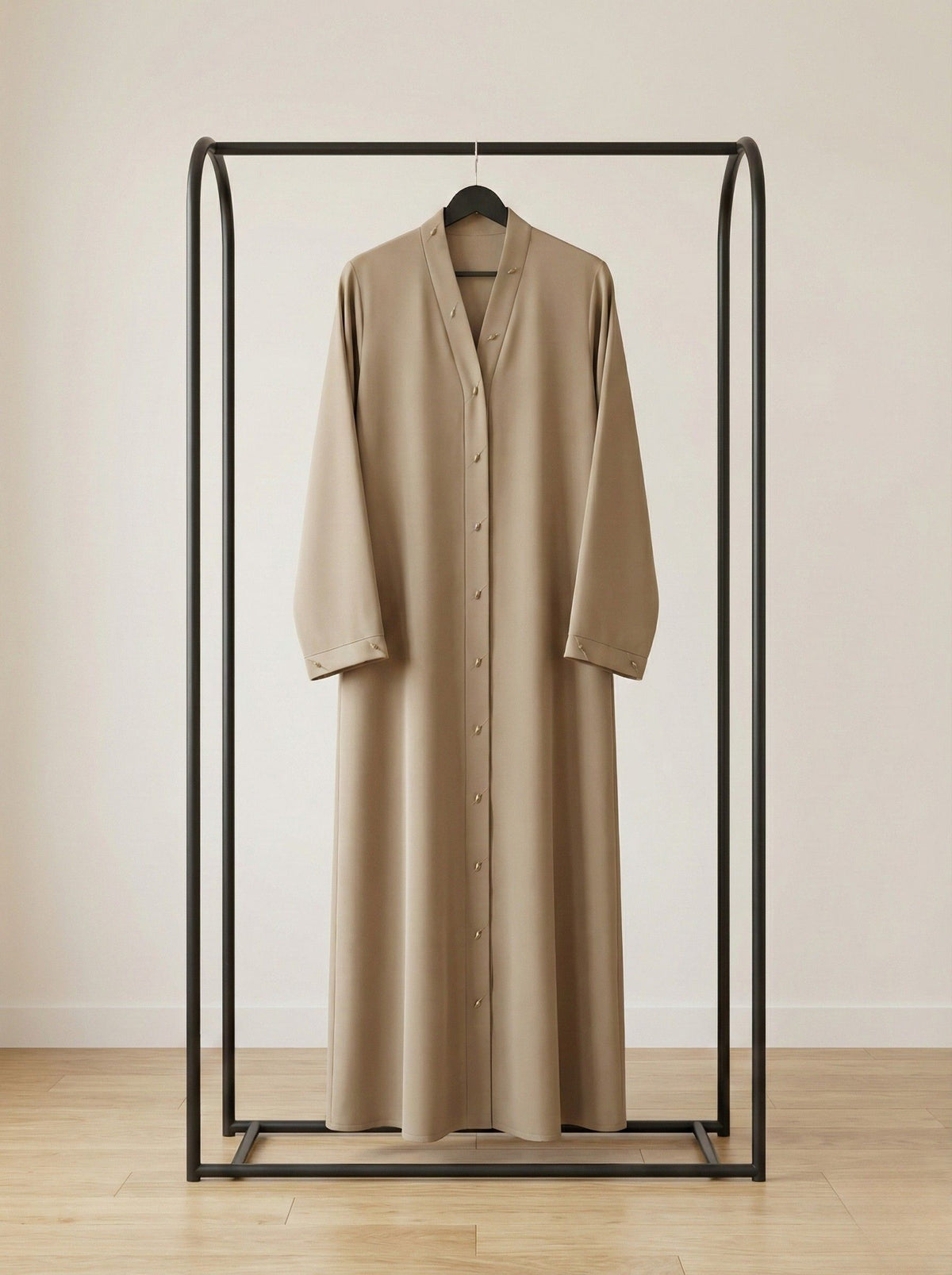 SAFIRA – Buttoned Nida Abaya (Warm Taupe)