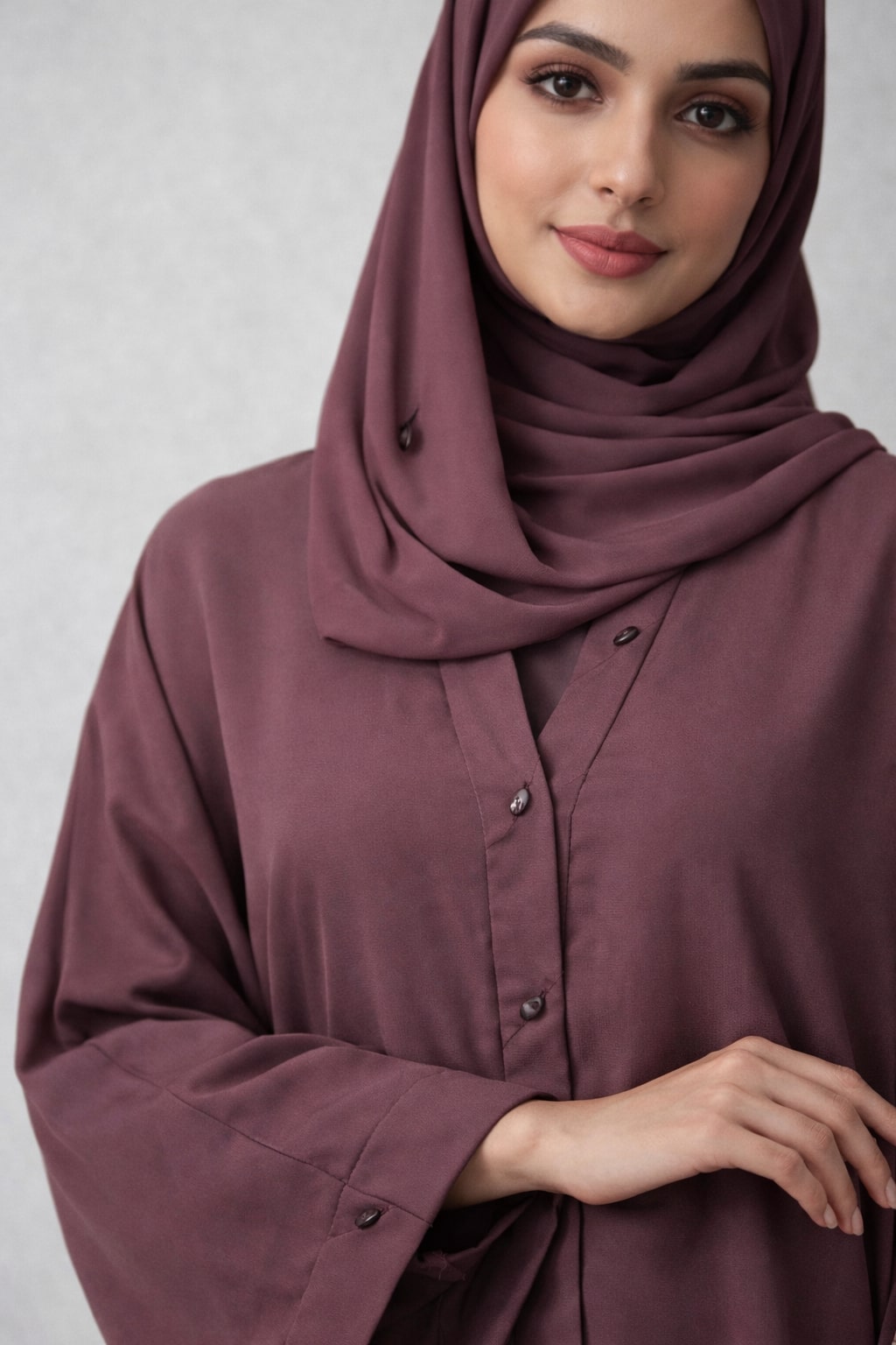 VELMORA – Buttoned Nida Abaya (Plum Mauve)