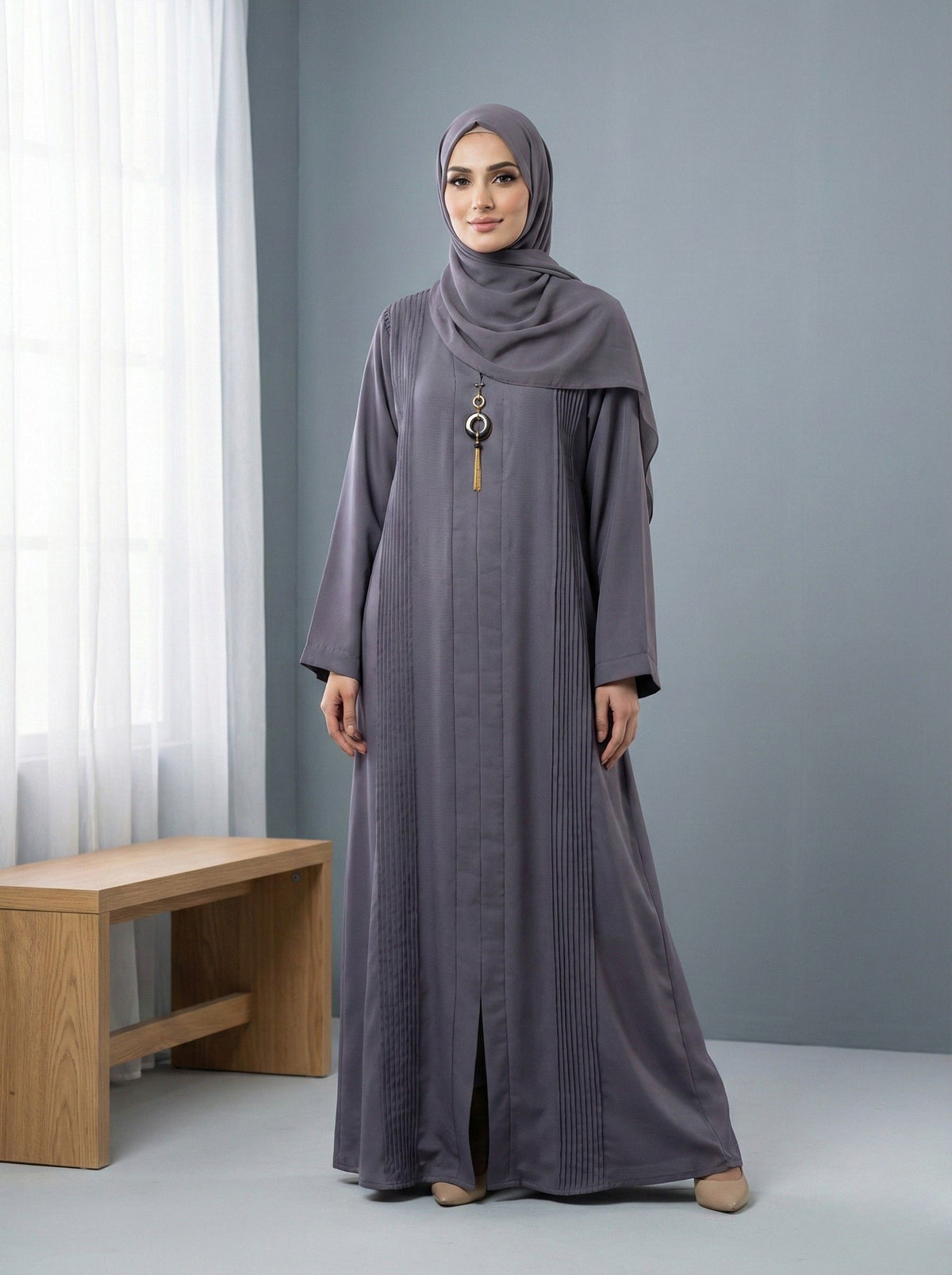 ZAREEN – Pleated Nida Abaya (Plum Ash)